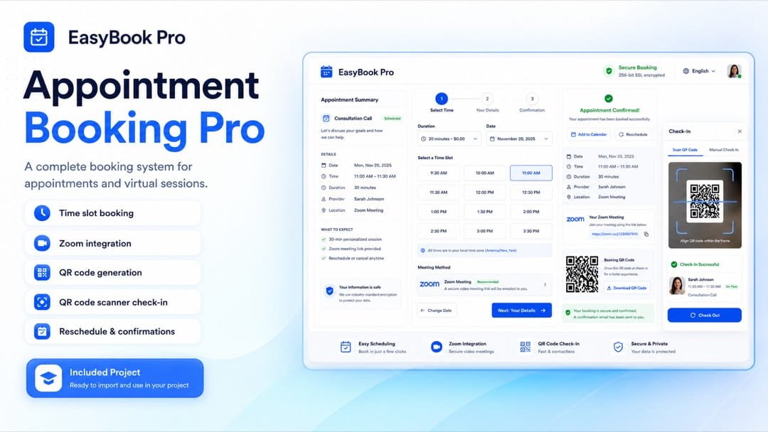 Appointment Booking Pro — booking system with time slots, Zoom links, and QR check-in