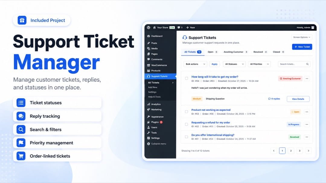 Support Ticket Manager — tickets, replies, statuses, and priorities